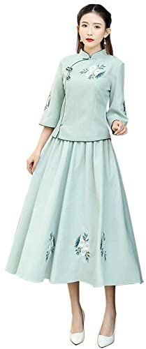 Women's Chinese Tang Suit Flower Embroidered Two Piece Outfit Mandarin Top Tea Length Skirt Traditional Costume (Light Green, L)