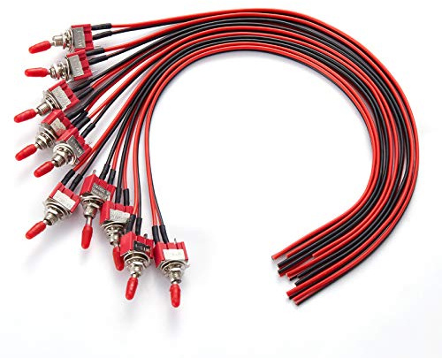 DONJON Kleine Ein Aus Schalter 12V SPST Kippschalter Mit 20AWG 30cm Vorgelöteten Drähten, 3V/5V/12V/24V/110V/220V/240V Mini für Licht, Testmaschine, Industrieanlagen, 10 Stück Rot