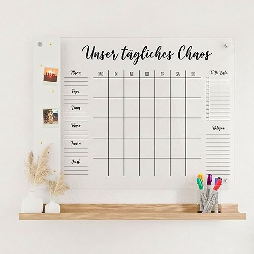 Wunsch Kalender - personalisierter Wandkalender - 6-Namen Familienplaner mit Magnetboard - wiederverwendbarer Kalender aus Acrylglas - Familienplaner abwischbar - Hingucker für jeden Raum