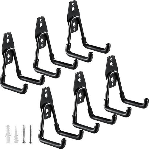 HUPBIPY Heavy Duty Garage Hooks 6 Pack, 2.8 inch Small U Shaped Hanger, Wall Mounted Storage System, Power and Garden Tool Organizer, for Hanging Ladders, Hose, Bulk Items and More