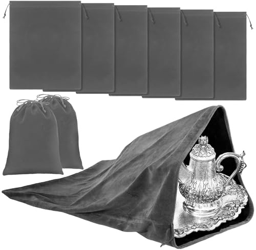 Ferraycle Lot de 6 grands sacs de rangement argentés de 61 x 81,3 cm, en tissu anti-ternissement, avec cordon de serrage pour bijoux, bracelets, montres, cadeaux, couverts, plats, bols, gris foncé