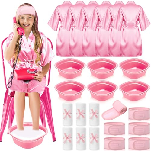 Bunnycool 24 Pcs Kids Spa Party Supplies Includes 6 Spa Party Robes 6 Basins 6 Makeup Headband 6 Towels for Sleepover Bath (Pink)