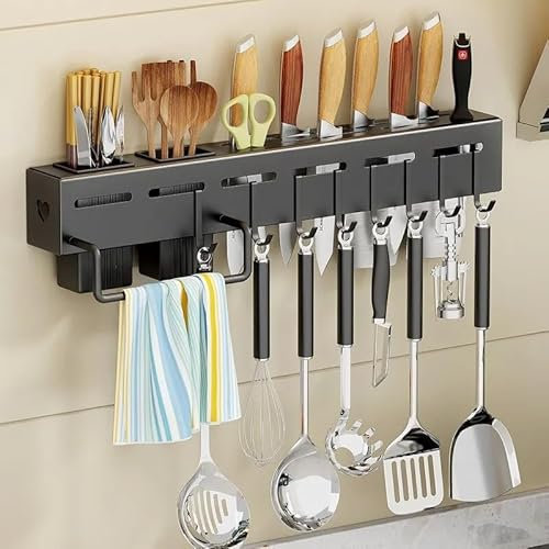 Dreamhousey Porte-couteaux en acier inoxydable - Étagère de cuisine non perforante - Outils de coupe - Étagère de rangement pour baguettes - Étagère murale avec crochets (longueur 50 cm)