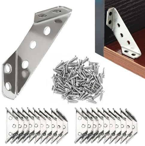 30 Pcs Corner Brackets for Wood, Stainless Steel Corner Connector, Universal Furniture Corner Bracket, Triangle Support Frame Angle Fastener Connector for Shelf Cabinet Table Chair, with 210 Screws