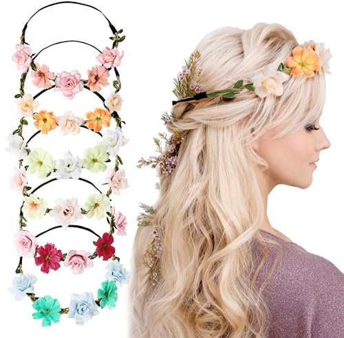 Andibro 6 Stück Blumenkranz Haare Krone, Hochzeit Rose Blume Krone Stirnband mit Elastischem Band Mehrfarbig Blumen Haarschmuck für Braut Brautjungfer Festival Party Damen Mädchen Kinder