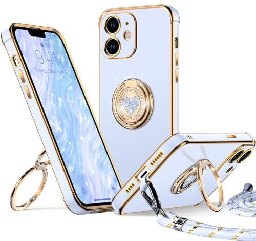 XYZ für iPhone 11 Hülle mit Band, Blau | Herzen Doppelring Ständer HandyHülle, Frauen Mädchen Dünn Stoßfeste Case mit Handykette, Anti Kratzt SchutzHülle