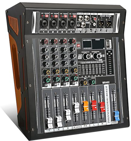 Mezclador de Audio Profesional 4 Canales Mesa Mezclas Amplificada 2 * 300w para Escenarios y Eventos, 99 DSP Efecto Dj Mixer Audio con Usb Bluetooth MP3 Mesa Sonido con Amplificador