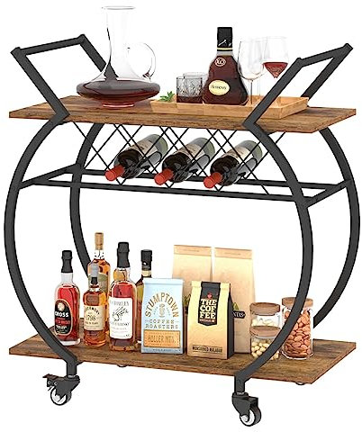 Mudmasa Servierwagen mit Rollen, Küchenrollwagen mit Weinflaschregalen, Mobiler Getränkewagen Barwagen mit Rädern für Küche, Esszimmer, Bar, Industrie, 76B x 40.5T x 84H cm, Vintagebraun-Schwarz