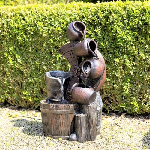 Primrose H61cm Santana Cascading Bowls Windmill & Bucket Water Feature With Lights Outdoor Garden Fountain