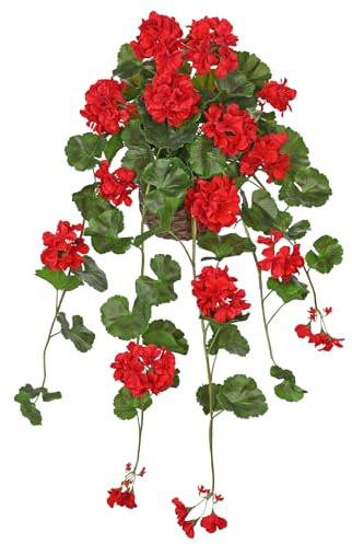 Briful Künstliche Geranien im Topf, Hängepflanze 76cm mit Roten Blüten, Kunstblume mit Korbtopf, Dekoblumen Balkon- & Gartendeko für Innen und Außen