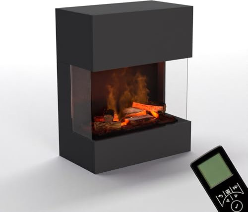 GLOW FIRE Wasserdampf Kamin KÄSTNER Wall (Wandkamin) - Elektrokamin mit realistischen LED 3D-Flammen, Knistereffekt & Fernbedienung, 70x89x40 cm - Opti-Myst 600 Elektro Kamin, Grau