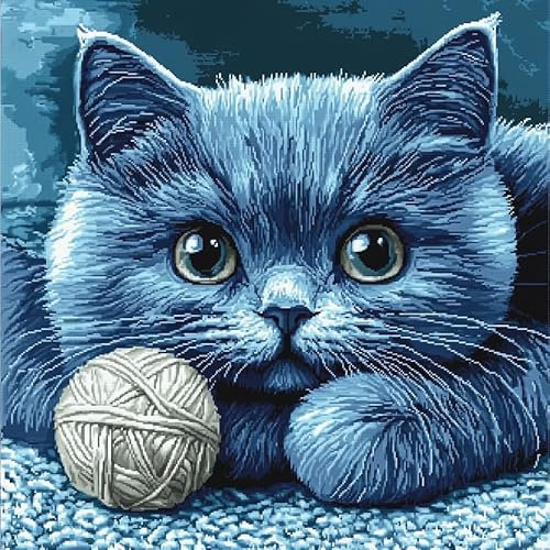 Wallphantom Tier Stickset Kreuzstich Set Vorgedruckt,Süße blaue Katze und Wollknäuel,Kissen 45x45cm -Stickset Anfänger,Diy Bastelset Erwachsene Zum Sticken