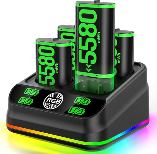 LVVIL Charger with 4 x 5580mWh Rechargeable Battery Pack for Xbox One X|S/Series X|S Controller, Rechargeable Batteries Charger Station for Xbox Controllers with RGB Lighting