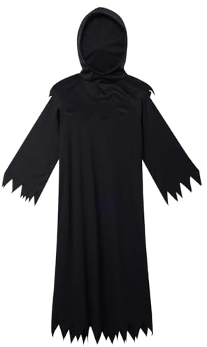 NebulaGlam Costume de Faucheuse Noire Enfant, Déguisement de Faucheuse Squelette d'Halloween, Faucheuse Halloween Deguisement avec Cape, Gants, Faucille en Jouet, Masque, Collier Faucheuse