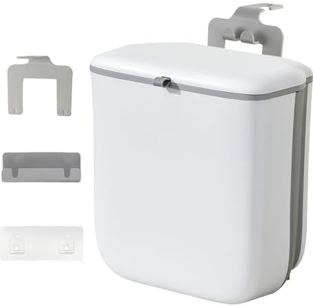 Bncxdc Kitchen Cupboard Bin, Food Waste Bin, Food Waste Caddy, Foldable Hanging, Wall Mounted Trash Can for Kitchen/Camping/Cabinet/Bathroom/Office/Car/Bedroom (White,9L)