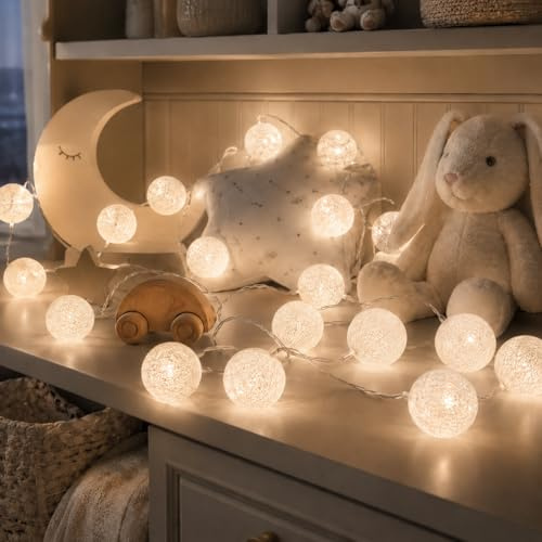 LED Lichterkette Baumwollkugeln,3M 20LED Lichterkette Innen Kugeln,3cm Lichterkette Kinderzimmer,Baumwollkugeln lichterkette für Kinderzimmer,Hochzeit,Weihnachten,Party Deko