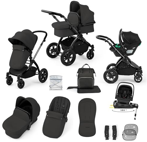 Ickle Bubba Stomp Luxe 12-teiliges Reisesystem mit i-Size Nimbus-Autositz und 180°-drehbarer ISOFIX-Basis – von der Geburt bis 22 kg (ca. 4 Jahre) (Anthrazitgrau/Schwarz, Schwarzes Gehäuse)