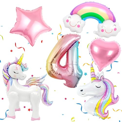 6 Stück Einhorn Luftballons Set Geburtstagsdeko für 4 Jahre, Folienballons Zahl 4 Ballon mit Einhorn Kopf, Stehendem Einhorn, Regenbogen, Herz & Stern für Kindergeburtstag Party Dekoration