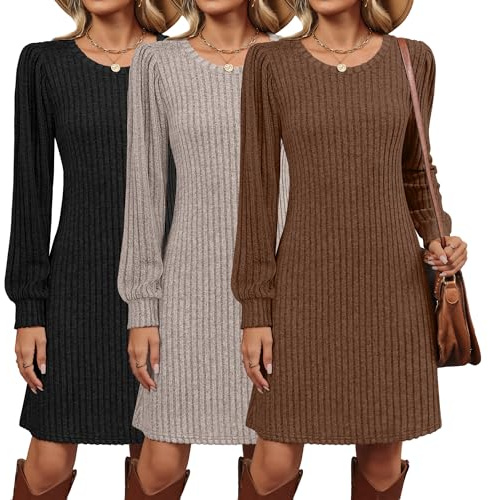 Velvelhall 3 Pack Women's Long Sleeve Sweater Dress Ribbed Knit Crew Neck Tunic Dresses 2026 Fall Casual Trendy Outfits(Brown, Khaki, Black,Large)