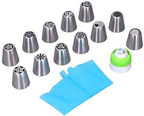Adfaga Set di punte professionali per tubazioni, 14 pezzi, ugelli per glassare i fiori, kit per decorare torte e cupcake, con superfici leviganti, facili da pulire, per panettieri,