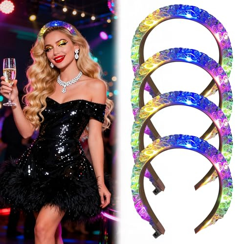 Serre-Tête Lumineux, Lot de 4 Serre Tete Lumineux, Serre-Têtes Lumineux Festifs avec 3 Modes D'Éclairage, Bandeaux LED Clignotants pour Noël, carnaval, fêtes, mariages, décoration, rave