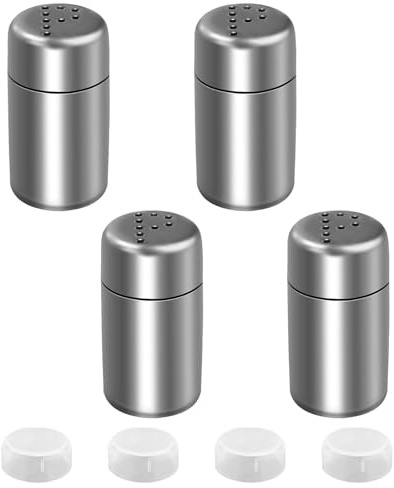 Hiacinto Set von 4 Mini Salz- und Pfefferstreuern – kleine Edelstahlstreuer mit Deckel (5 ml Fassungsvermögen), tragbare Gewürzbehälter für Camping, Reisen, Outdoor, Grillen oder das Büro-Mittagessen