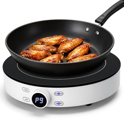 Aigostar Plaque à induction portable de 2000W Cookmate, Compact Design rond exclusif, 9 niveaux de puissance, minuterie avec arrêt, compatibles avec l’induction, Ecran LED, Tactile, Nettoyage facile