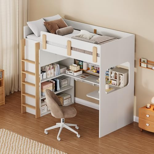 Mrwoo 3FT Children's Loft Bed with L-Shaped Desk, Wooden Bed with Staircase and Safety guardrail, Multi-layer storage and Storage Cabinet, White, 90x190cm (No Mattress)