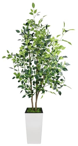 Olivo Artificial en Maceta Blanca Alta – Árbol Decorativo de Tela y Plástico con Copa Coronada, Tronco Único, Ideal para Interior, Sin Mantenimiento