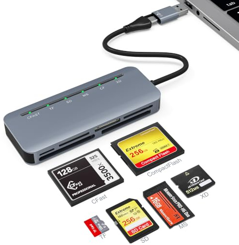 6-in-1 CFast 2.0 Card Reader – USB 3.0 5Gbps | Simultaneous Read for CFast/CF/SD/TF/MS/xD | Aluminum Alloy | Dual USB-C & USB-A | for iPhone 15/16/17, Android, MacBook, PC