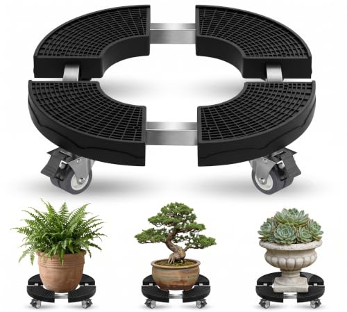 KORVORIA Pflanzenroller Ø 38-56cm, Rollbrett Pflanzen bis 200KG, Blumenroller Rund mit 360° Drehbare, Transportroller für Große Topfpflanzen/Weinregal, Rollwagen Blumenroller für Outdoor & Indoor