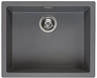 Reginox Amsterdam 50 GS Single Bowl Integrated Regi-Granite Metal Kitchen Sink, Heavy-Duty Inset and Undermount Sinks with Overflow Drainer, Waste Kit, Clips and Seals, Grey Silvery