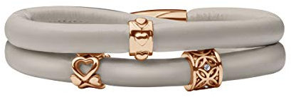 Quiges Damen Leder Wickelarmband Grau Beige 40cm mit Charm Beads Rosegold Edelstahl Magnetverschluss