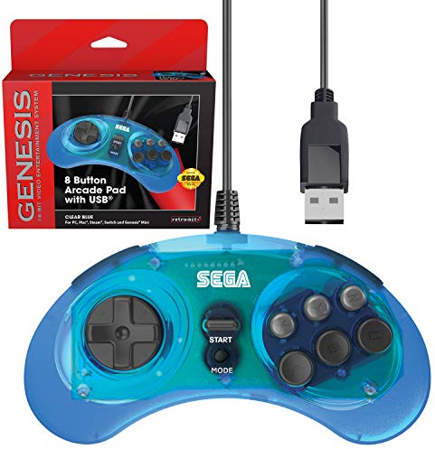 Retro-Bit Offizieller Sega Genesis USB-Controller mit 8 Tasten, Arcade-Pad für Sega Genesis Mini, Switch, PC, Mac, Steam, RetroPie, Raspberry Pi – USB-Anschluss – Transparent Blau