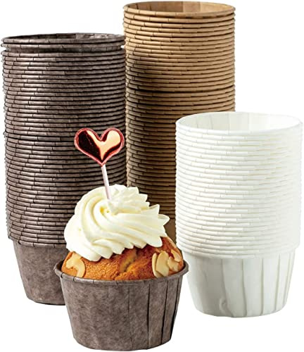 Katbite Lot de 150 caissettes à cupcakes jetables en papier sulfurisé pour mariages, anniversaires, fêtes – Blanc, marron, marron foncé