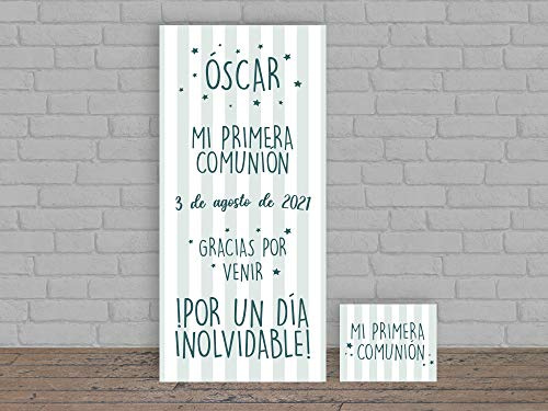 Oedim Photocall Infantil para Comunión Personalizado en Lona + Cartel en Cartón Rayas Verde y Blanco | Varias Carteles | Photocall Personalizado Económico y Original |
