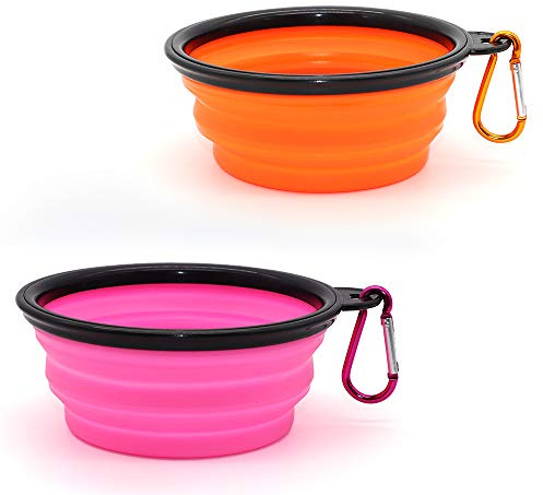SLSON 2 Pièces Bol à Chien Pliant Bol en Silicone Pliable,Gamelles de Voyage Bols de Voyage Pliables en Silicone pour Chien (Orange et Rose, Petit)