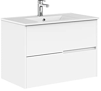 Baikal Mobile bagno Gavin, 2 cassetti, sospeso a parete. Include lavabo in ceramica. Varie finiture. Consegnato assemblato. Senza Specchio 90 cm Bianco