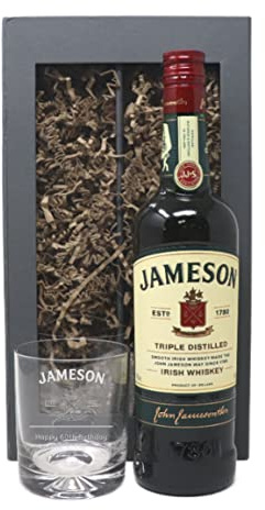 Personalised Engraved Dimple Glass Tumbler & 70cl Bottle of Irish Whiskey - Jameson Label Design (Jameson Irish Whiskey 70cl, Presentation Gift Box)