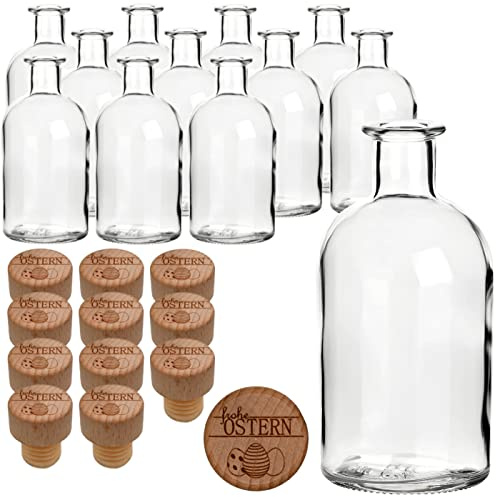 gouveo 12er Set Glasflaschen 250 ml (0,25 l) Apothekerflasche rund Enghals mit Korken „Frohe Ostern“ Motiv 2 – leere Abfüllflaschen, Likörflaschen & Deko zu Ostern