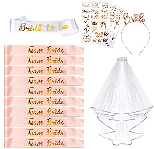 AniSqui 16 Pezzi Gadget Addio al Nubilato Sposa e Amiche, Velo Sposa Addio al Nubilato Gadget, Team Bride, Bride to be Addio al Nubilato, Fasce Addio al Nubilato