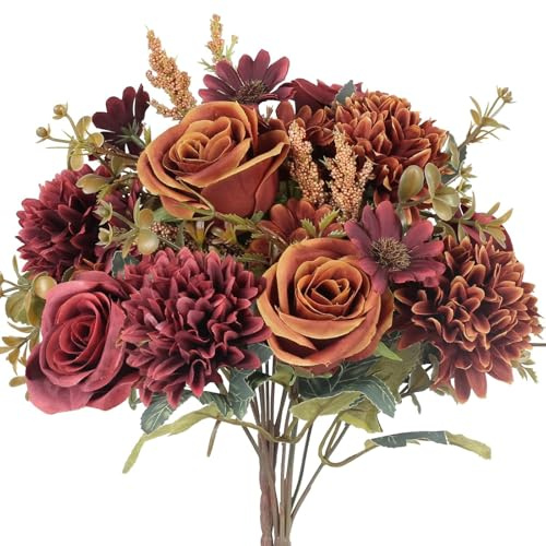GTIDEA 2 paquetes de flores artificiales de otoño, 2 colores, rosas falsas, ramos de seda con hortensias, arreglos de flores artificiales para el hogar, otoño, boda, centros de mesa, decoración de