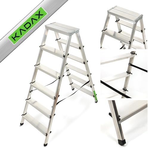 KADAX Scala Pieghevole in Alluminio, Scaletta Doppia a Pioli con Piattaforma Antiscivolo, Gradini Larghi e Struttura Leggera, Fino a 125 kg (6 Gradini)