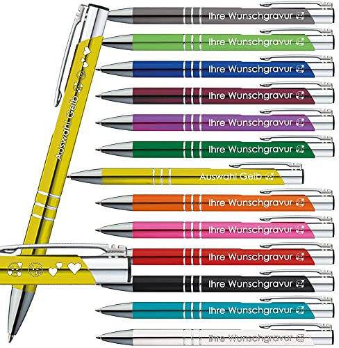 VWPEYY 10 x Kugelschreiber mit Gravur | Emojis Gravur möglich | 13 Farben | Werbekugelschreiber mit Wunschgravur | Personalisierte Kulis | PS167 (Gelb)