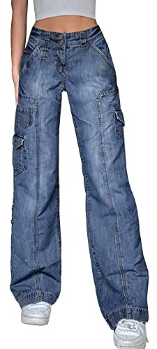 DINGJIUYAN Vintage Star Jeans Mujer Bolsillo Pierna Ancha Recta Denim Pantalones Mujer Y2k Streetwear Pantalones Casual Jeans, L