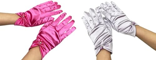 2 Paar Handschuhe Kurz,Satin Handschuhe,Brauthandschuhe,Elegante Kurze Gloves mit Schleife,Vintage Damen Handschuhe,für Halloween,Bankett,Party,Hochzeit,Tea Party Zubehör,Rosenrot + Helles Lila