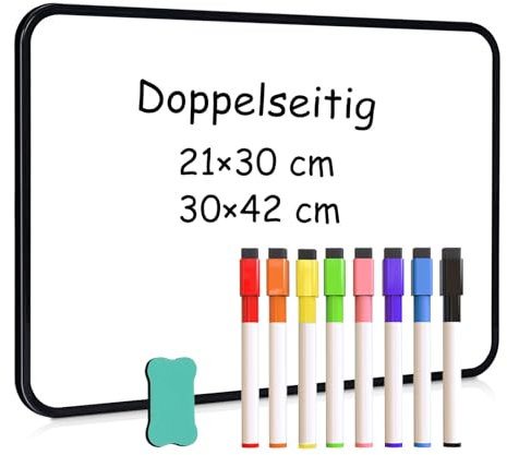 DOLLAR BOSS Doppelseitiges Whiteboard 21 x 30 cm, A4 Magnettafel Magnetwand, Klein Trocken Abwischbar Mini Magnetisch, Tragbares Mit 8 Stiften Und 1 Radiergummi