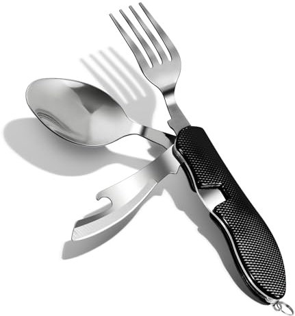ZIMAIC Campingbesteck Klappbesteck, Edelstahl Camping Besteck 4 in 1 Feldbesteck Outdoor Flaschenöffner Messer Gabel löffel Set-Schwarz