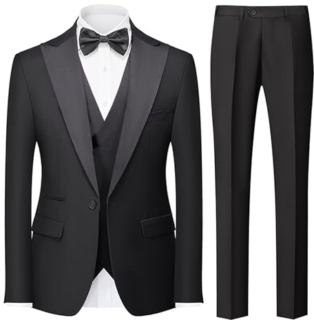 UNINUKOO Men's 3 Piece Suit Formal Dinner Classic Wedding Prom Regular Fit Peak Lapel Tuxedo for Men US Size L Black