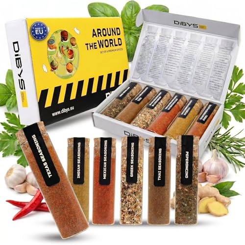 DIBYS Coffret Épices du Monde | Recettes Incluses | Coffret Cadeau Épices | Cadeaux pour les Amateurs et les Passionnés de Cuisine | Mélanges d'épices d'Inde, du Mexique, de Grèce & plus encore